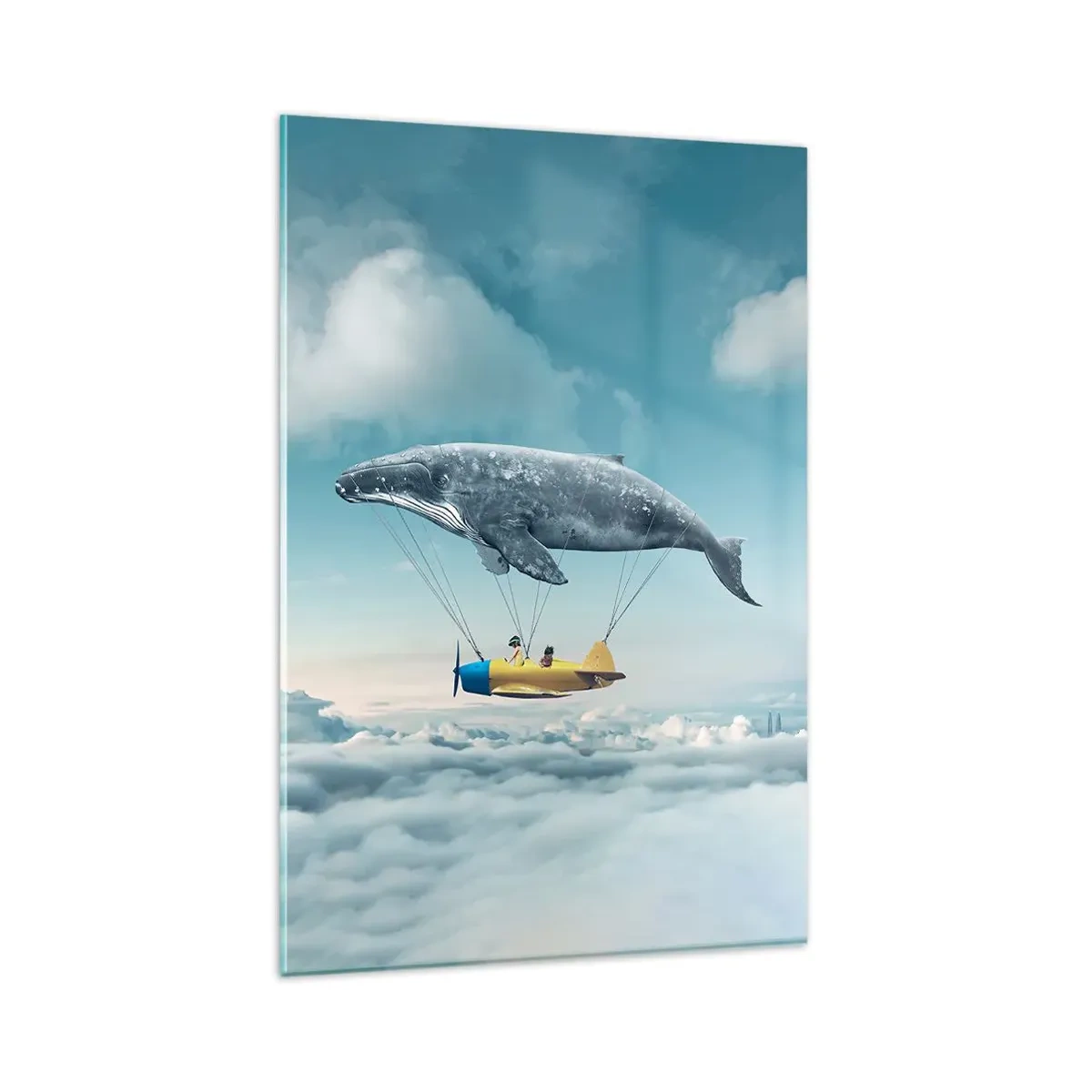 Cuadro sobre vidrio - Impresiones sobre Vidrio - Una ballena voladora transporta un avión en un entorno surrealista. - 80x120cm - ¿Por qué no? - Decoración de pared moderna para salón y dormitorio ARTTOR