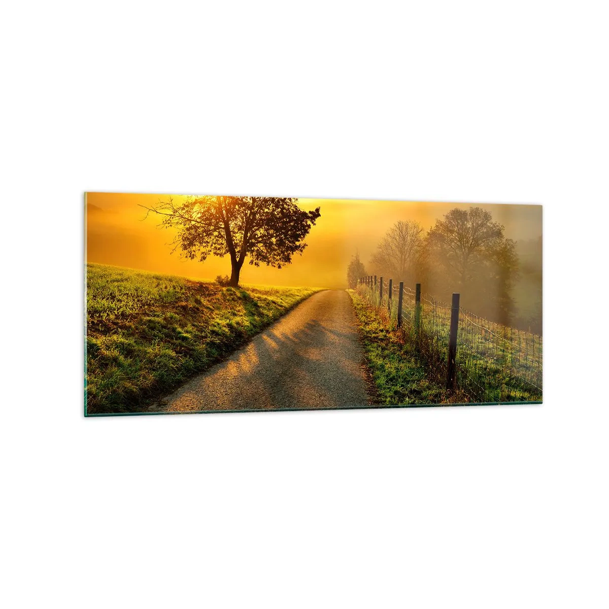 Cuadro sobre vidrio - Impresiones sobre Vidrio - Una pintoresca carretera al atardecer con un árbol solitario al fondo. - 120x50cm - Tarde melosa - Decoración de pared moderna para salón y dormitorio ARTTOR