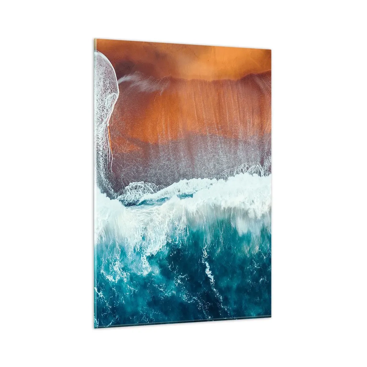 Cuadro sobre vidrio - Impresiones sobre Vidrio - Una vista de las olas del océano rompiendo en la playa dorada. - 80x120cm - Un toque de océano - Decoración de pared moderna para salón y dormitorio ARTTOR