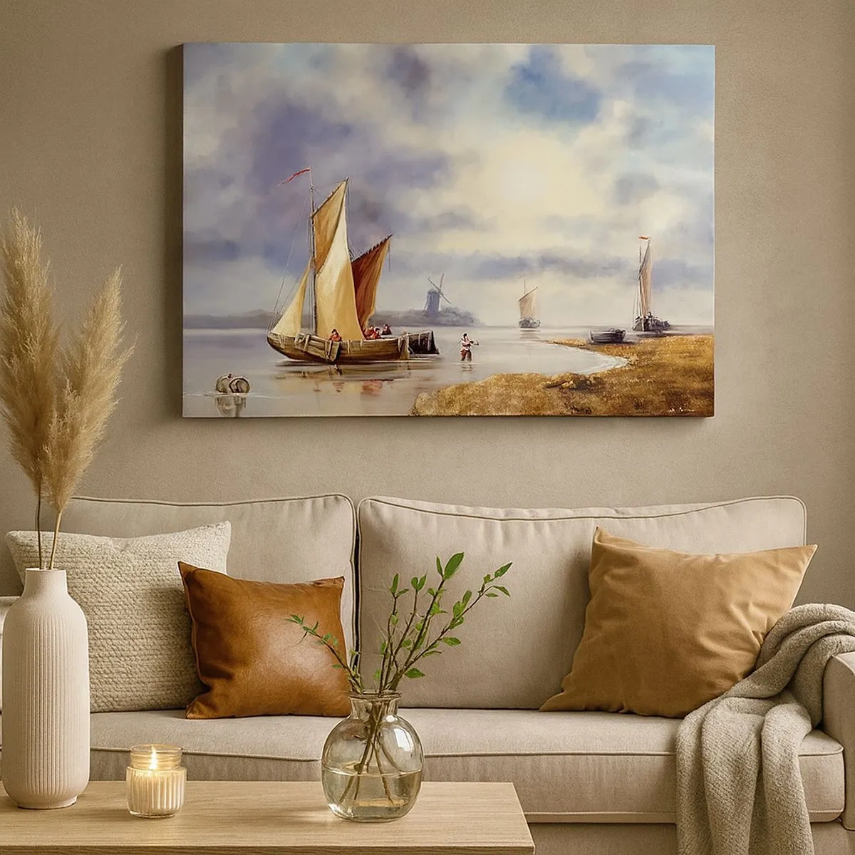 Cuadro sobre lienzo - Impresión de Imagen - Veleros en aguas tranquilas con molinos de viento al fondo - 70x50cm - El regreso de los marineros - Decoración de pared moderna para salón y dormitorio ARTTOR