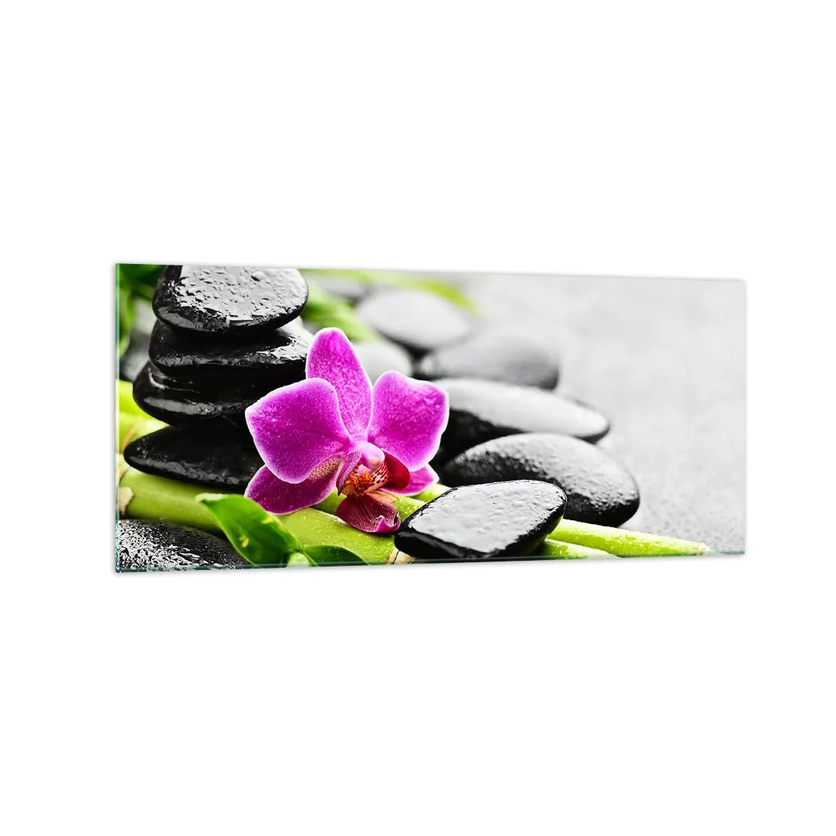 Cuadro sobre vidrio - Impresiones sobre Vidrio - Orquídea morada, piedras negras y bambú en una composición tranquila. - 120x50cm - En equilibrio pacífico - Decoración de pared moderna para salón y dormitorio ARTTOR