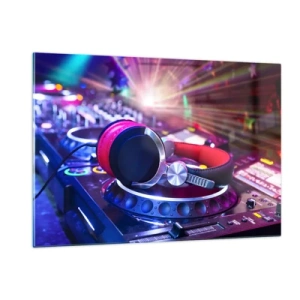 Cuadro sobre vidrio - Impresiones sobre Vidrio - Equipo de DJ con luces de colores y auriculares. - 120x80cm - Empieza la fiesta - Decoración de pared moderna para salón y dormitorio ARTTOR