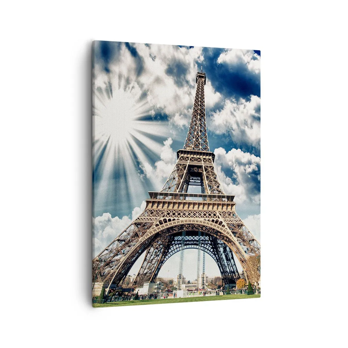 Cuadro sobre lienzo - Impresión de Imagen - La Torre Eiffel contra un cielo soleado con nubes. - 50x70cm - Única bajo el sol - Decoración de pared moderna para salón y dormitorio ARTTOR