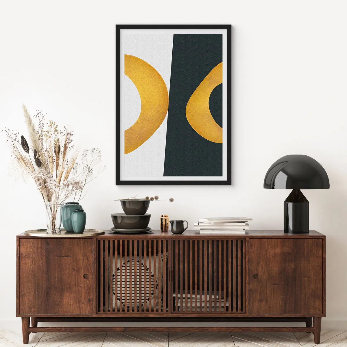 Póster en marco negro - Una composición abstracta con formas dominantes de oro y verde oscuro. - 50x70cm - Blanco, negro, dorado - Decoración de pared moderna para salón y dormitorio ARTTOR