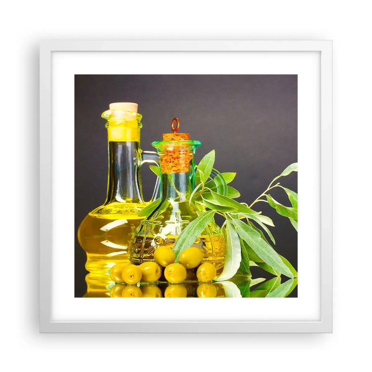 Póster en marco blanco - Bodegón con aceitunas y aceite - 40x40 cm