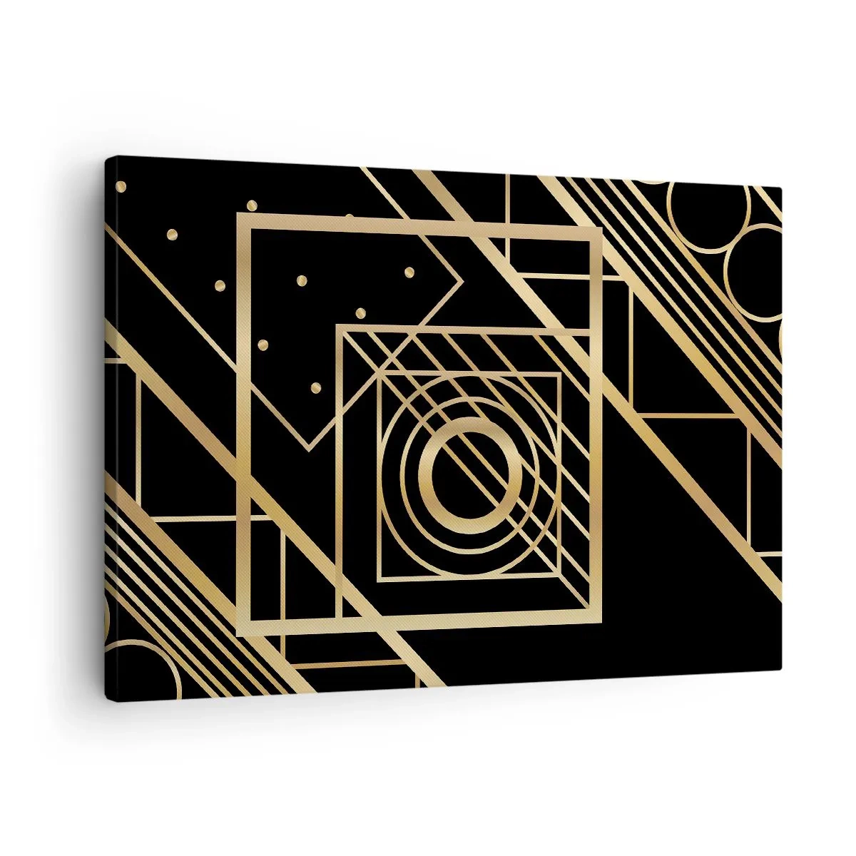 Cuadro sobre lienzo - Impresión de Imagen - Patrones geométricos dorados sobre un fondo negro - 70x50cm - Geometría dorada - Decoración de pared moderna para salón y dormitorio ARTTOR