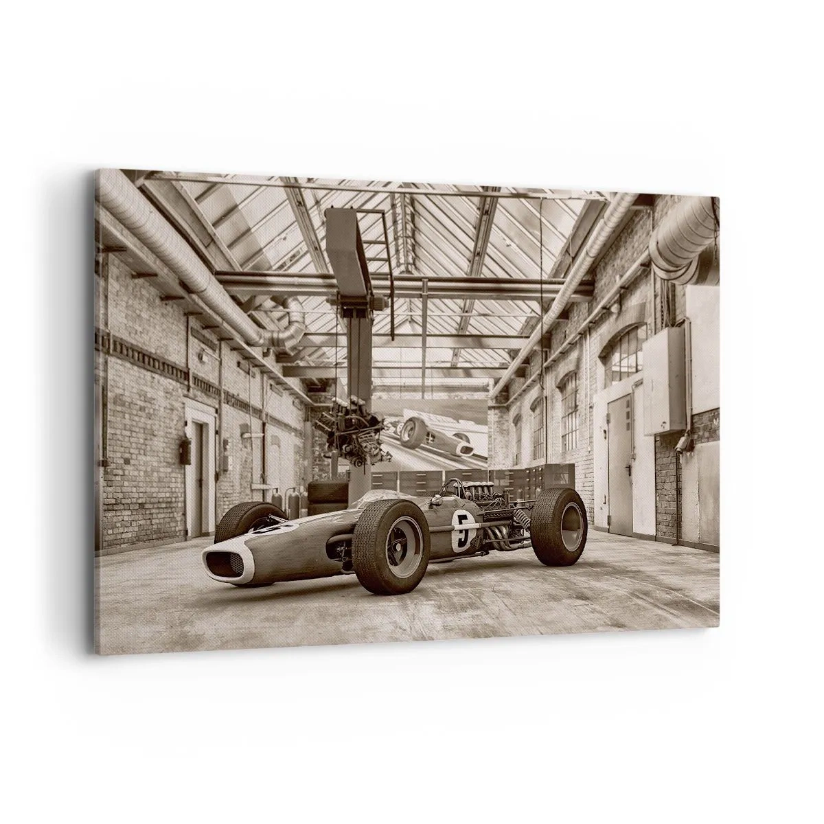 Cuadro sobre lienzo - Impresión de Imagen - Coche de carreras en blanco y negro en un interior industrial. - 100x70cm - El descanso del vencedor - Decoración de pared moderna para salón y dormitorio ARTTOR