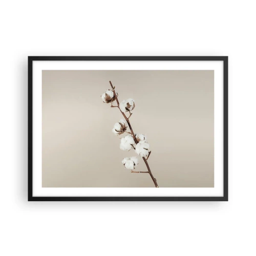 Póster en marco negro - Una ramita de algodón sobre un fondo beige. - 70x50cm - En la fuente de la suavidad - Decoración de pared moderna para salón y dormitorio ARTTOR