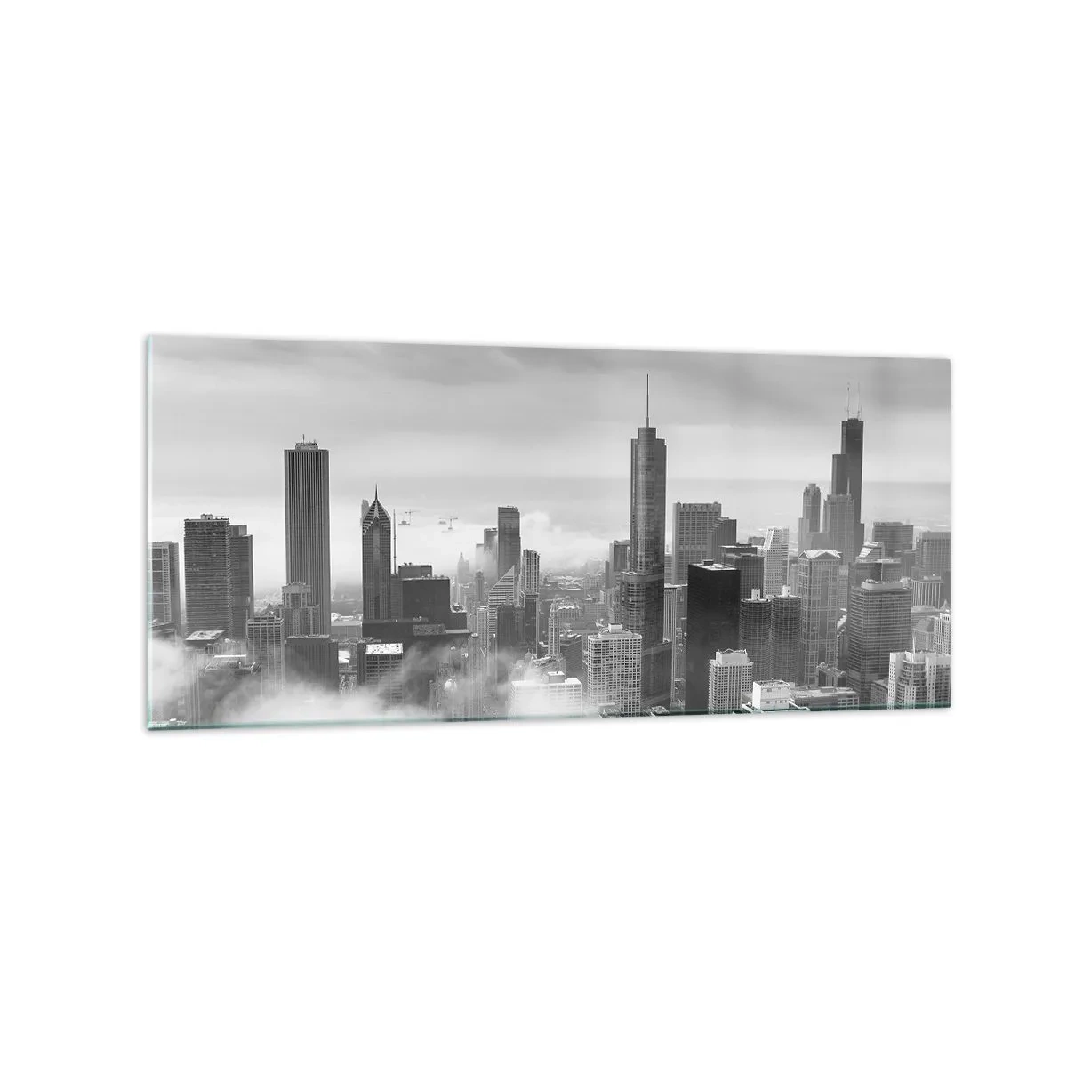 Cuadro sobre vidrio - Impresiones sobre Vidrio - Panorama de la ciudad con rascacielos en las nubes en blanco y negro - 120x50cm - Paisaje americano - Decoración de pared moderna para salón y dormitorio ARTTOR