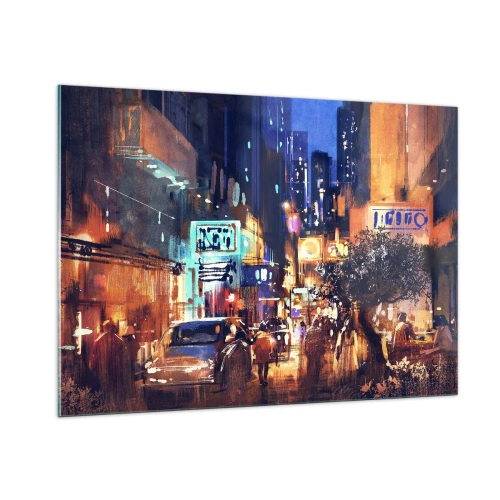 Cuadro sobre vidrio - Impresiones sobre Vidrio - Pintoresca escena nocturna de la ciudad con luces de neón y tráfico callejero. - 100x70cm - Y la ciudad no duerme - Decoración de pared moderna para salón y dormitorio ARTTOR