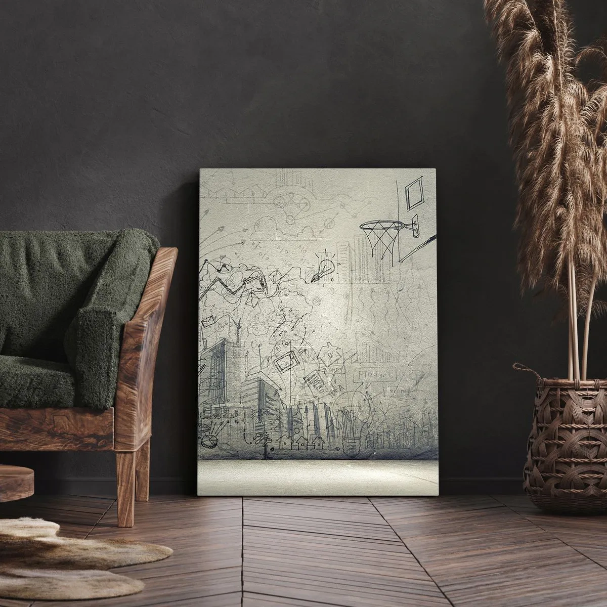 Cuadro sobre lienzo - Impresión de Imagen - Dibujos y diagramas sobre el fondo de una pared en bruto. - 70x100cm - Mi gloriosa vida en la ciudad - Decoración de pared moderna para salón y dormitorio ARTTOR