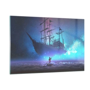 Cuadro sobre vidrio - Impresiones sobre Vidrio - Un barco nocturno flotando sobre el agua en un aura mágica. - 120x80cm - El encuentro con el mito del mar - Decoración de pared moderna para salón y dormitorio ARTTOR