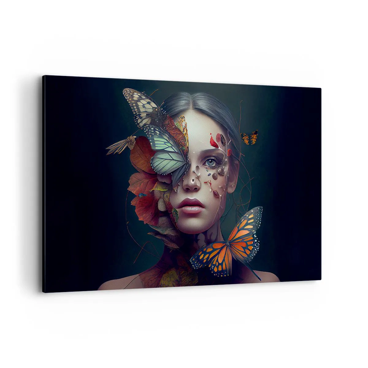 Cuadro sobre lienzo - Impresión de Imagen - Retrato de una mujer con mariposas y elementos vegetales. - 120x80cm - Una metamorfosis maravillosa - Decoración de pared moderna para salón y dormitorio ARTTOR