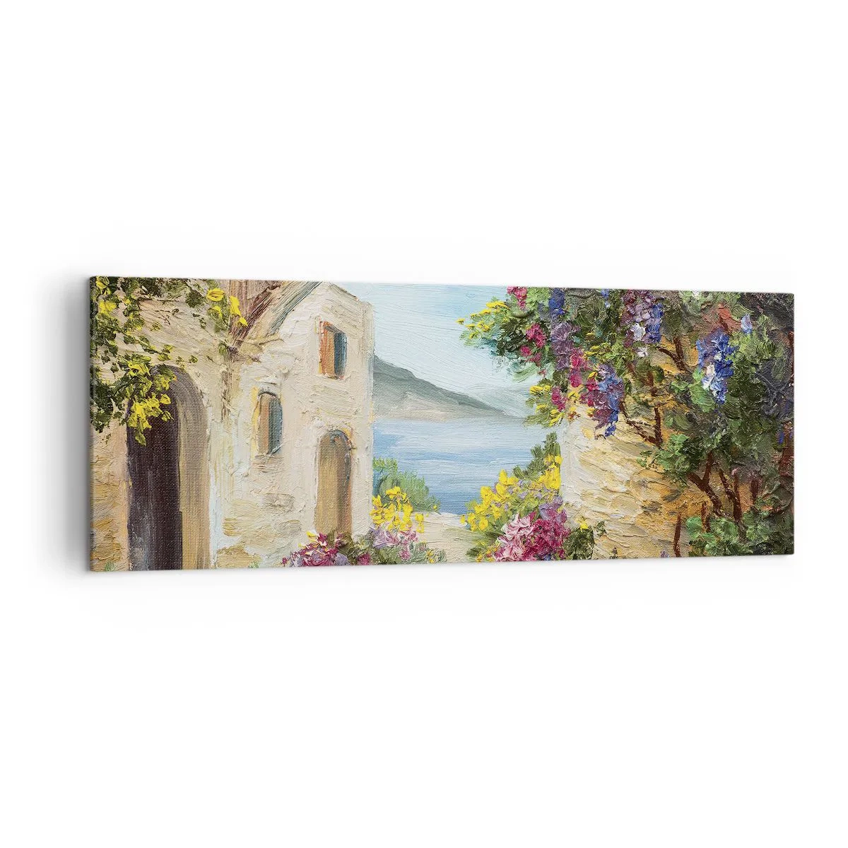 Cuadro sobre lienzo - Impresión de Imagen - Paisaje costero con edificios de piedra y flores. - 140x50cm - El encanto del paisaje costero - Decoración de pared moderna para salón y dormitorio ARTTOR
