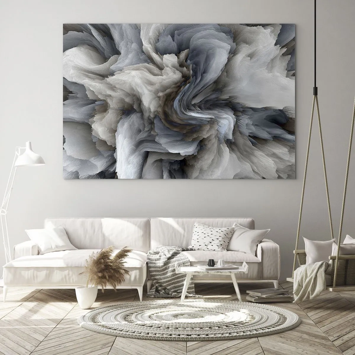 Cuadro sobre vidrio - Impresiones sobre Vidrio - Una composición abstracta que se asemeja a plumas en espiral. - 70x50cm - Piedra y flor - Decoración de pared moderna para salón y dormitorio ARTTOR