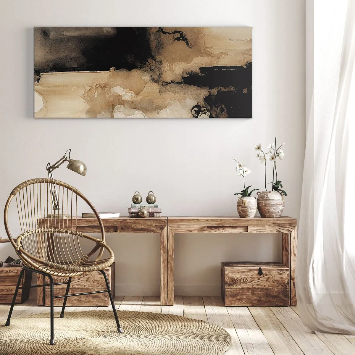 Cuadro sobre lienzo - Impresión de Imagen - Composición abstracta en tonos marrones y negros. - 140x50cm - Una abstracción intrigante - Decoración de pared moderna para salón y dormitorio ARTTOR