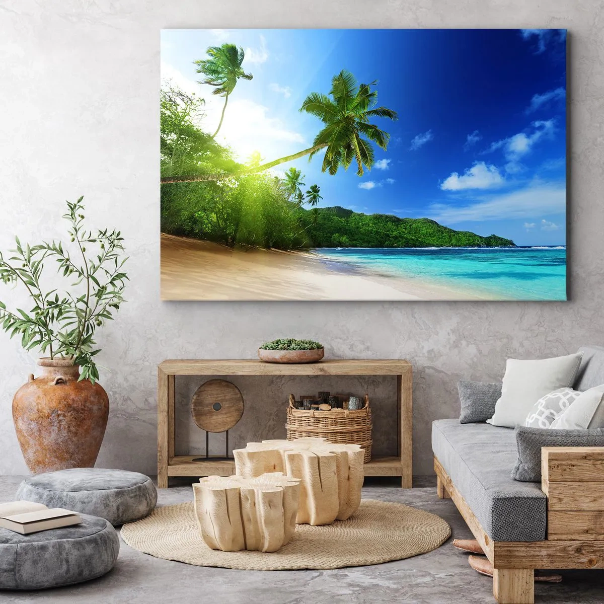 Cuadro sobre lienzo - Impresión de Imagen - Playa tropical con palmeras y mar turquesa. - 100x70cm - Un suave toque tropical - Decoración de pared moderna para salón y dormitorio ARTTOR