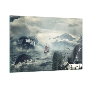 Cuadro sobre vidrio - Impresiones sobre Vidrio - Un barco en un mar tempestuoso con un castillo al fondo. - 120x80cm - En aguas mágicas - Decoración de pared moderna para salón y dormitorio ARTTOR
