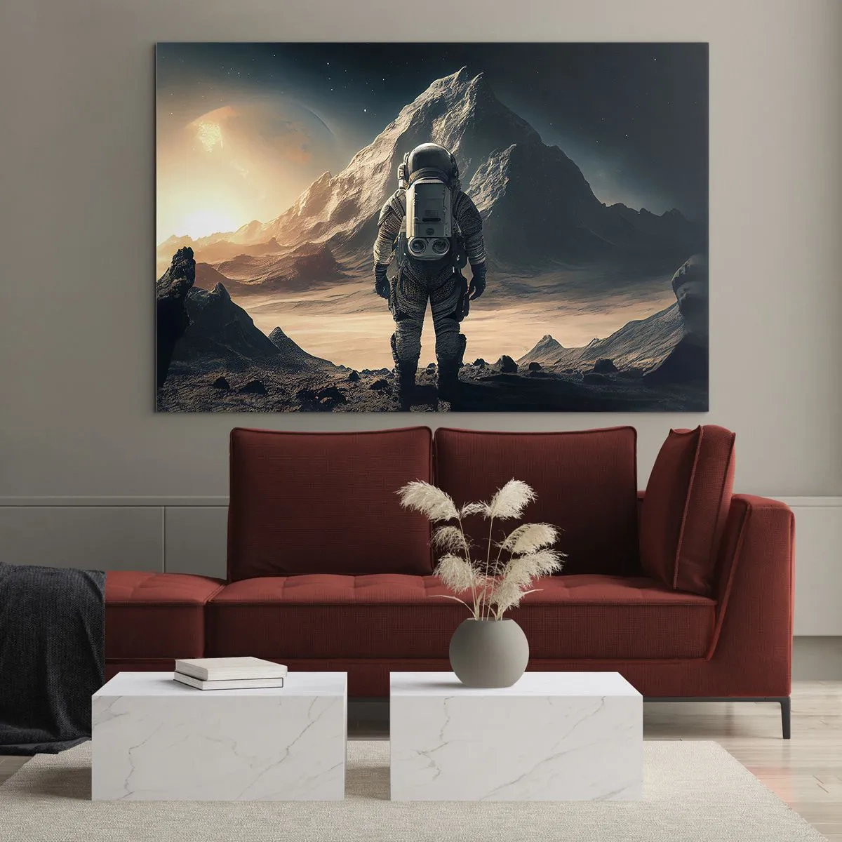 Cuadro sobre vidrio - Impresiones sobre Vidrio - Astronauta en un planeta alienígena con un paisaje montañoso. - 120x80cm - Un nuevo reto - Decoración de pared moderna para salón y dormitorio ARTTOR