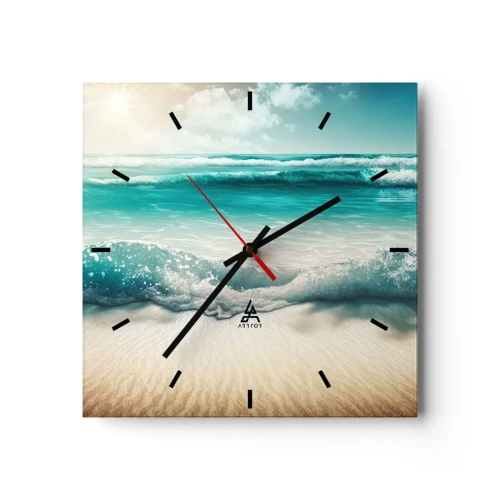 Reloj de pared - Reloj de vidrio - Olas del océano en una playa de arena clara - 30x30cm - Calma oceánica - Decoración de pared moderna para salón y dormitorio ARTTOR