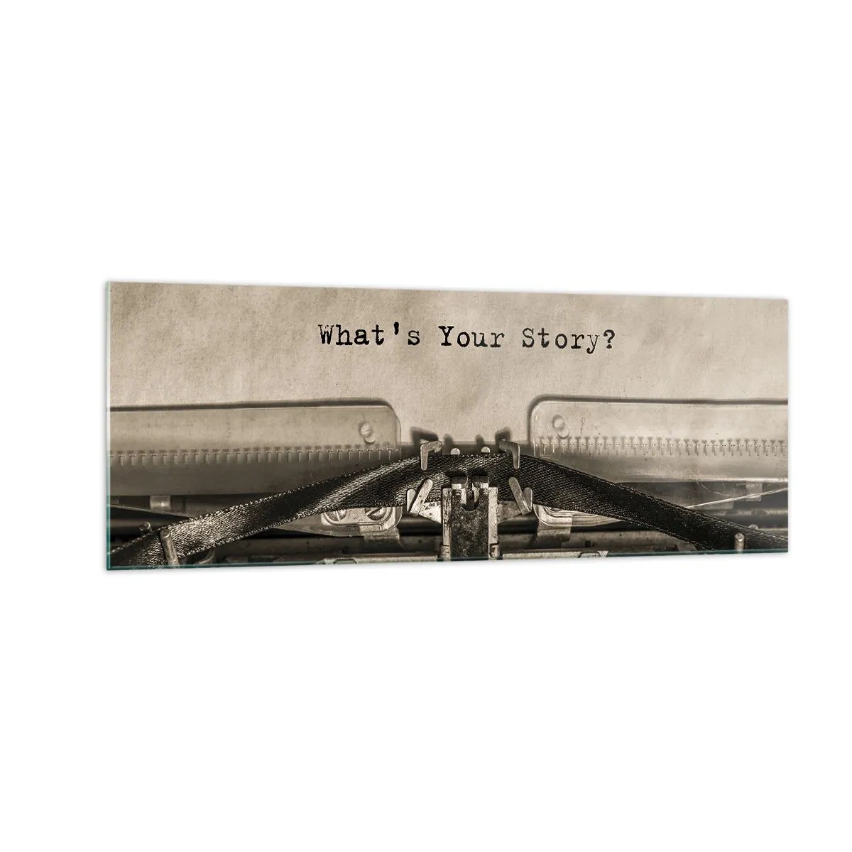 Cuadro sobre vidrio - Impresiones sobre Vidrio - Una máquina de escribir con las palabras ¿Cuál es tu historia? - 140x50cm - Solo espero una respuesta - Decoración de pared moderna para salón y dormitorio ARTTOR