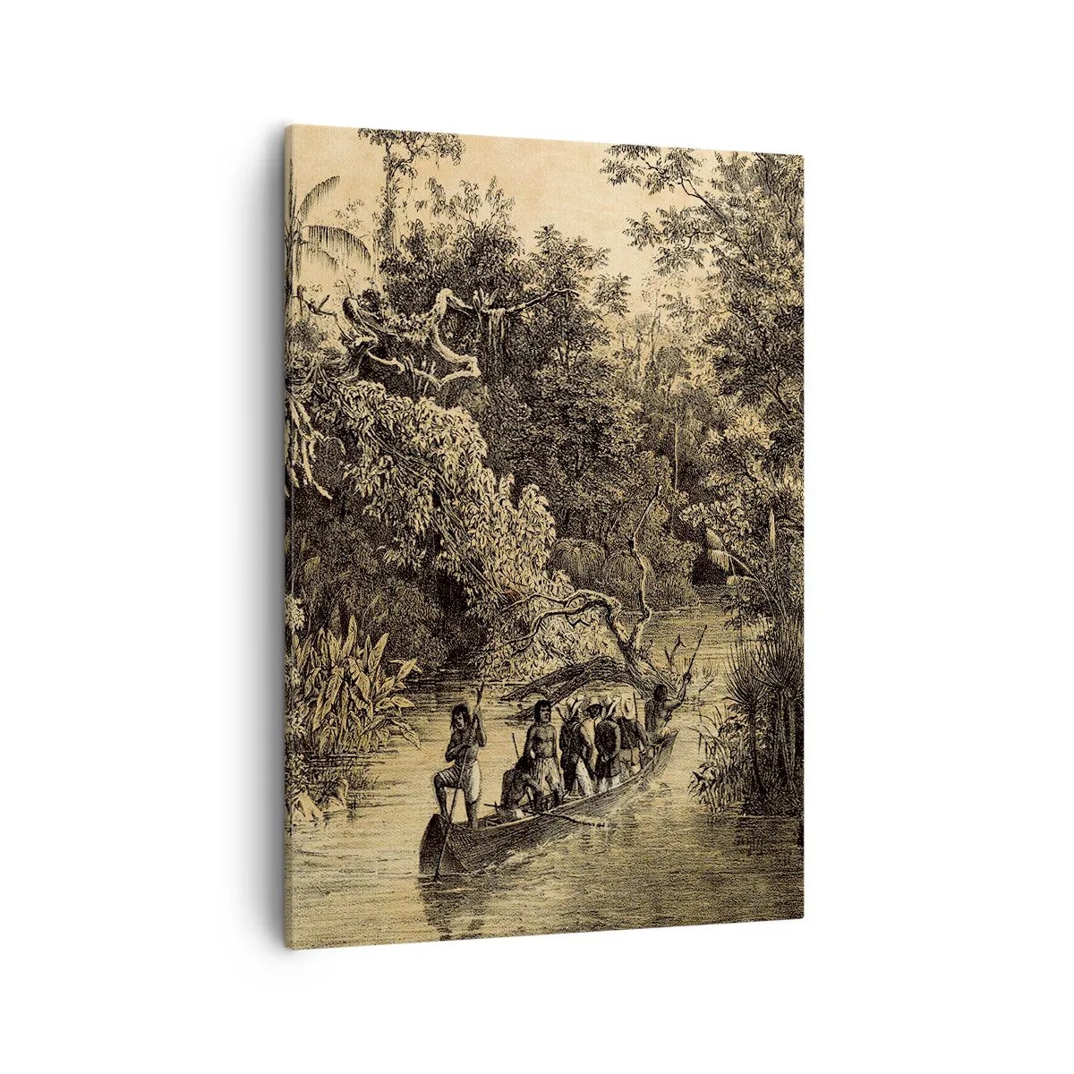 Cuadro sobre lienzo - Impresión de Imagen - Dibujo de una jungla con un barco en un río. - 50x70cm - Expedición a la fuente - Decoración de pared moderna para salón y dormitorio ARTTOR