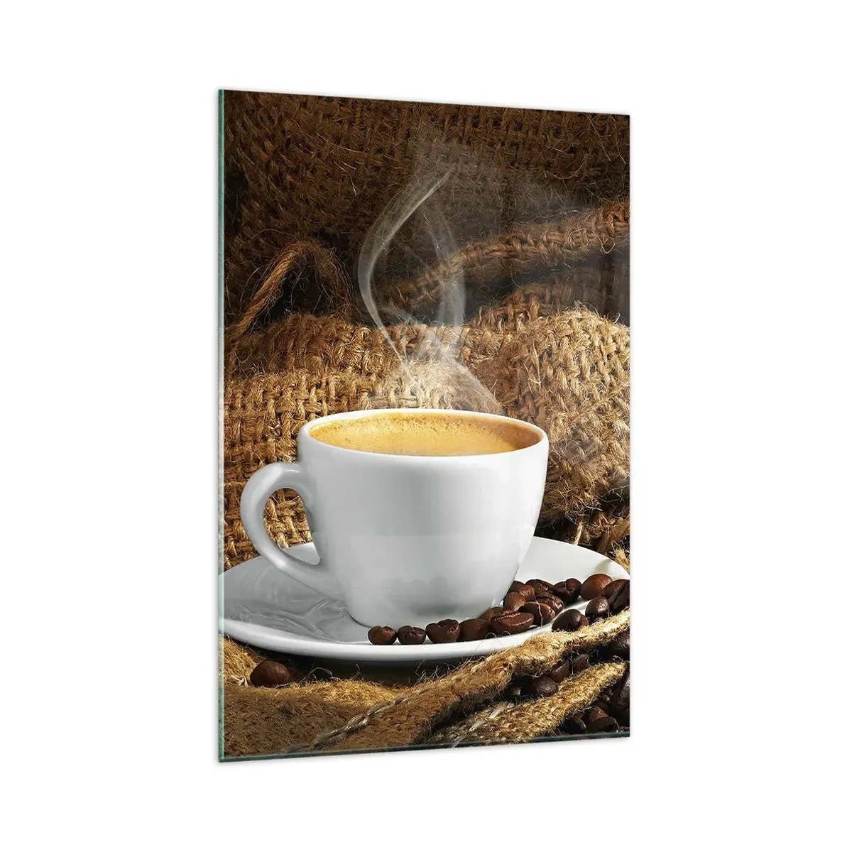 Cuadro sobre vidrio - Impresiones sobre Vidrio - Una taza de café rodeada de una bolsa de granos de café. - 80x120cm - Olor a moca y densidad del líquido meloso - Decoración de pared moderna para salón y dormitorio ARTTOR