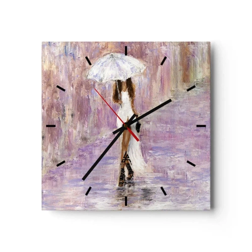 Reloj de pared - Reloj de vidrio - Una mujer con paraguas caminando bajo la lluvia en tonos lilas - 30x30cm - En la lluvia de lilas - Decoración de pared moderna para salón y dormitorio ARTTOR