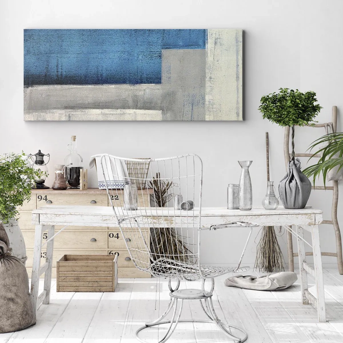 Cuadro sobre lienzo - Impresión de Imagen - Una composición abstracta con tonos de azul, gris y blanco. - 160x50cm - Composición poética de gris y azul - Decoración de pared moderna para salón y dormitorio ARTTOR