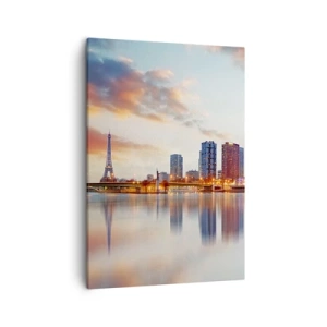 Cuadro sobre lienzo - Impresión de Imagen - Panorama de edificios modernos y la Torre Eiffel sobre el agua - 50x70cm - La calma monumental de París - Decoración de pared moderna para salón y dormitorio ARTTOR