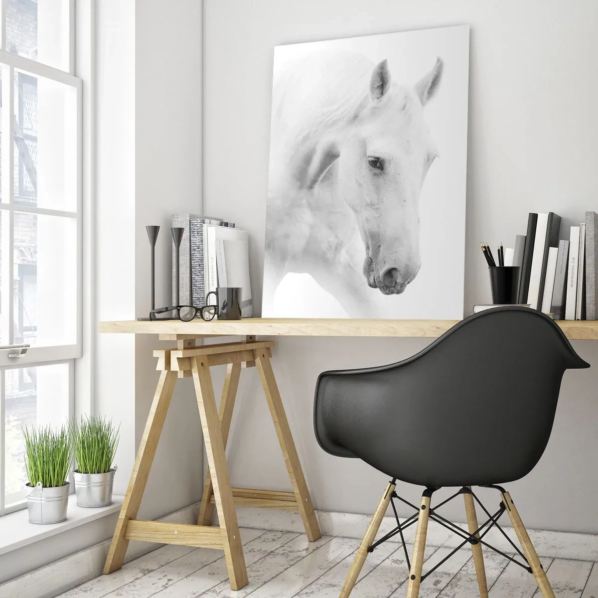 Cuadro sobre vidrio - Impresiones sobre Vidrio - Dos caballos blancos uno frente al otro sobre un fondo claro. - 50x70cm - ¿Es esto realmente la amistad...? - Decoración de pared moderna para salón y dormitorio ARTTOR
