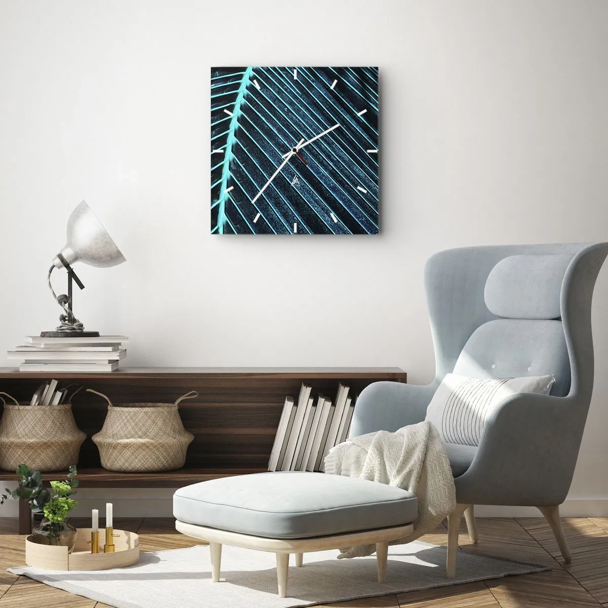 Reloj de pared - Reloj de vidrio - Fotografía macro de una hoja en tonos turquesa y azul marino. - 30x30cm - La textura del verde - Decoración de pared moderna para salón y dormitorio ARTTOR