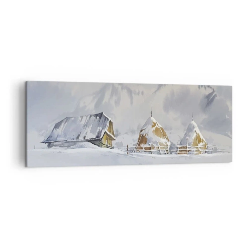 Cuadro sobre lienzo - Impresión de Imagen - Paisaje invernal con una cabaña y pajares en las montañas - 140x50cm - En un valle nevado - Decoración de pared moderna para salón y dormitorio ARTTOR