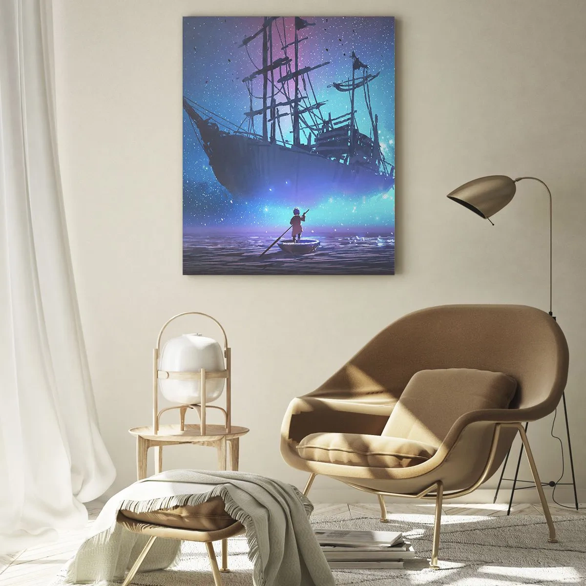 Cuadro sobre vidrio - Impresiones sobre Vidrio - Un barco fantástico contra el cielo estrellado. - 80x120cm - El encuentro con el mito del mar - Decoración de pared moderna para salón y dormitorio ARTTOR