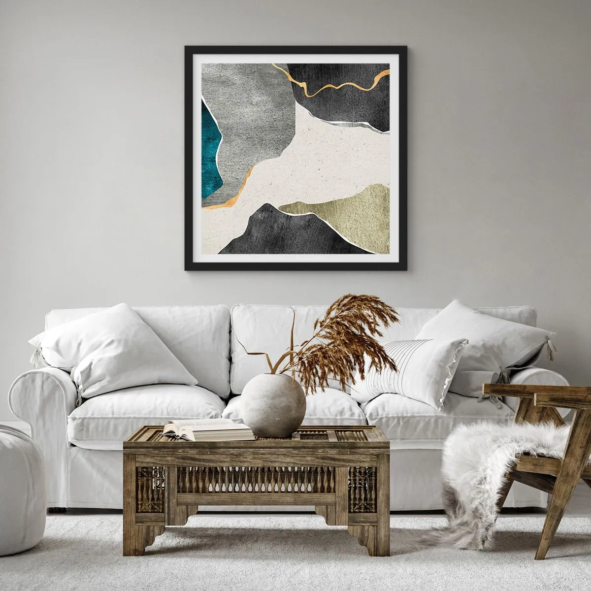 Póster en marco negro - Composición en mosaico con una hebra de oro - 60x60 cm