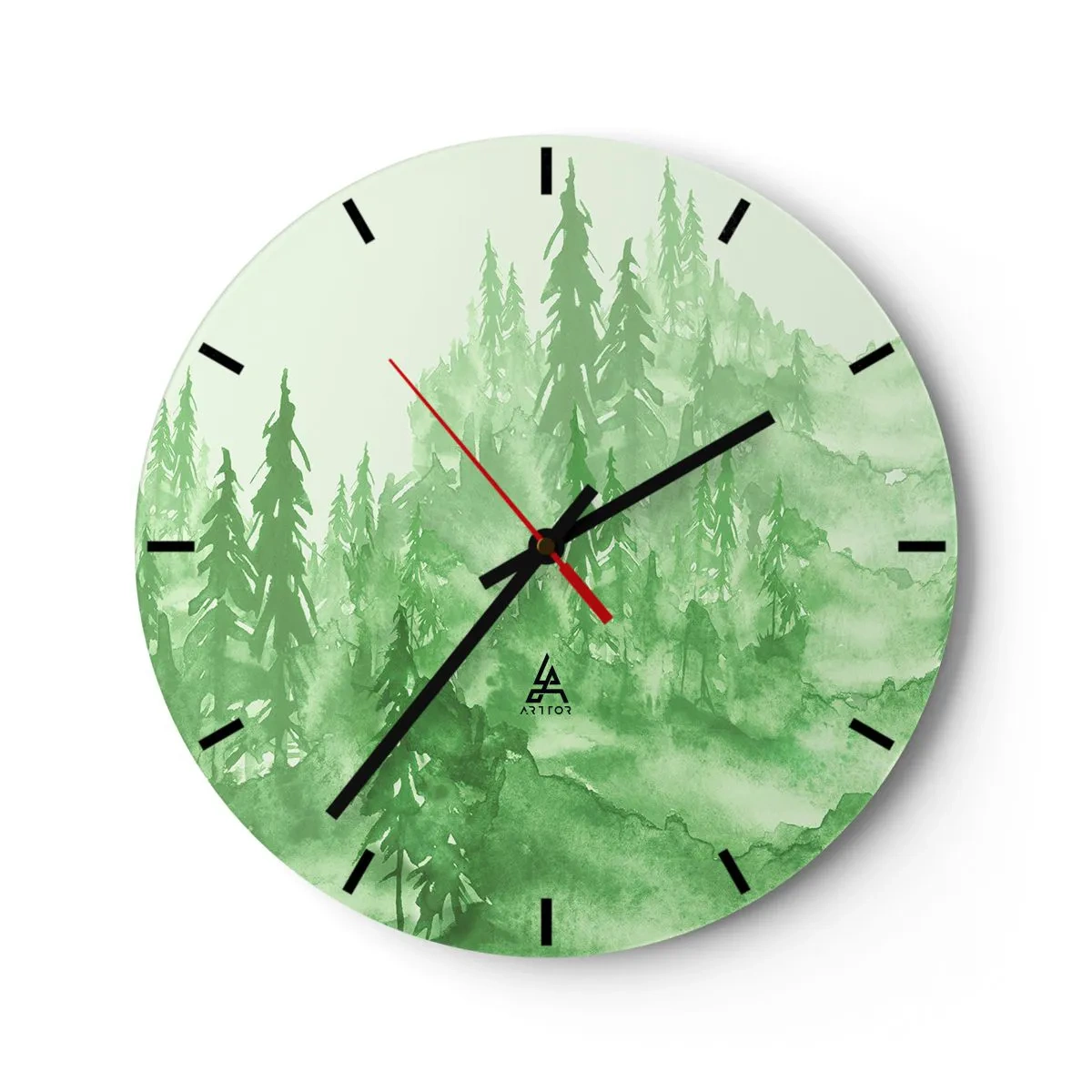 Reloj de pared - Reloj de vidrio - Un bosque verde en estilo acuarela lleno de armonía. - 30x30cm - Difuminado con niebla verde - Decoración de pared moderna para salón, cocina y dormitorio ARTTOR