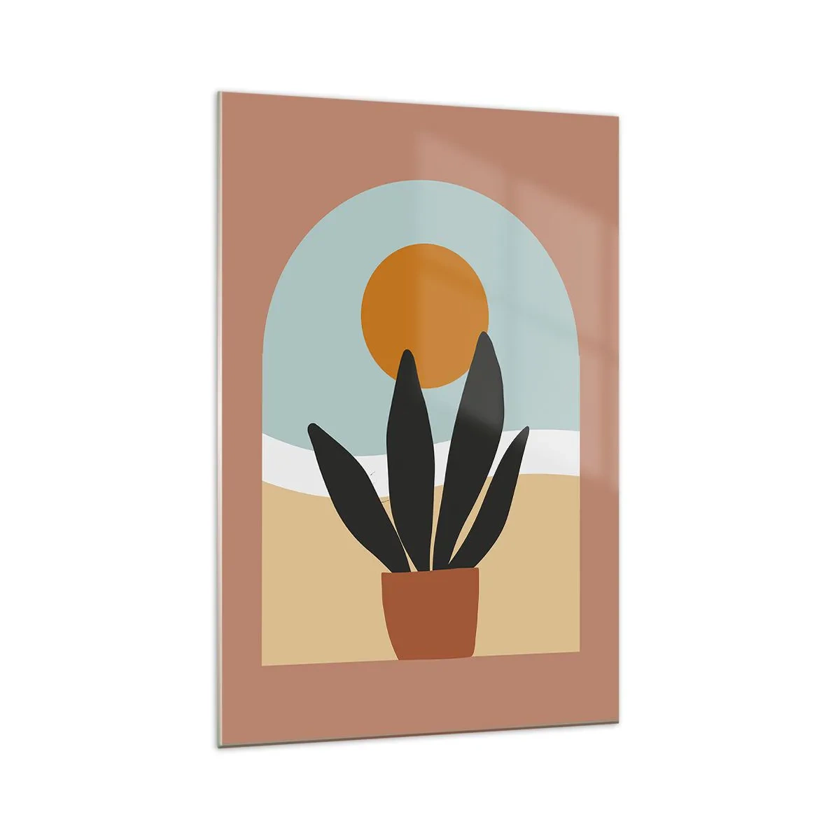 Cuadro sobre vidrio - Impresiones sobre Vidrio - Una planta negra en una maceta contra el sol. - 70x100cm - Pequeñas alegrías - Decoración de pared moderna para salón y dormitorio ARTTOR