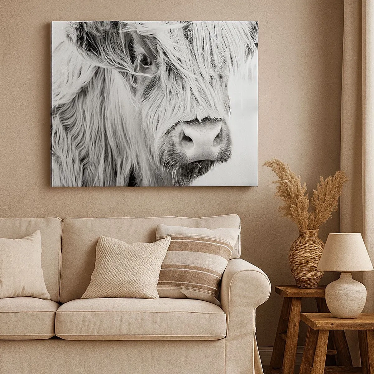 Cuadro sobre lienzo - Impresión de Imagen - Retrato de una vaca escocesa en blanco y negro - 70x50cm - La naturaleza escocesa - Decoración de pared moderna para salón y dormitorio ARTTOR