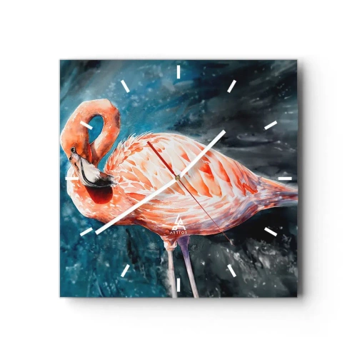 Reloj de pared - Reloj de vidrio - Un flamenco rosa sobre un fondo azul de acuarela. - 30x30cm - Decorativo por naturaleza - Decoración de pared moderna para salón y dormitorio ARTTOR