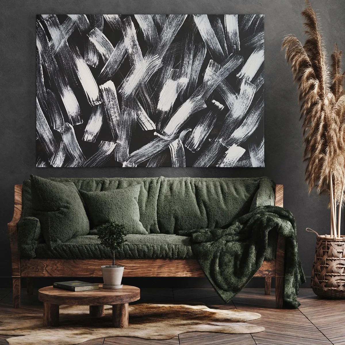 Cuadro sobre lienzo - Impresión de Imagen - Abstracción dinámica con pinceladas blancas sobre fondo negro. - 100x70cm - Abstracción en el espíritu industrial - Decoración de pared moderna para salón y dormitorio ARTTOR