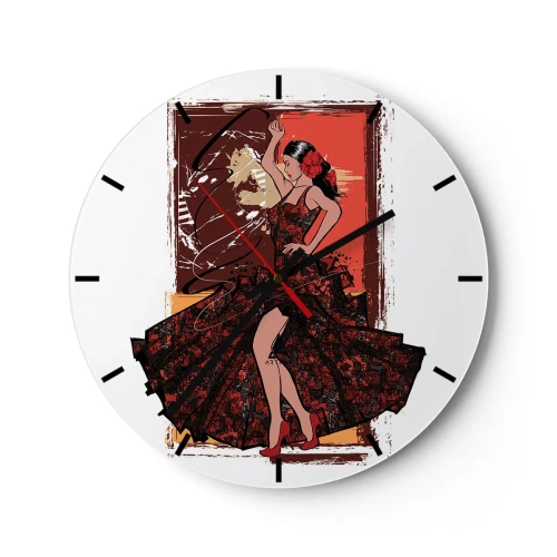 Reloj de pared - Reloj de vidrio - Una bailarina con un vestido rojo y antecedentes artísticos. - 30x30cm - El ritmo del corazón - Decoración de pared moderna para salón, cocina y dormitorio ARTTOR