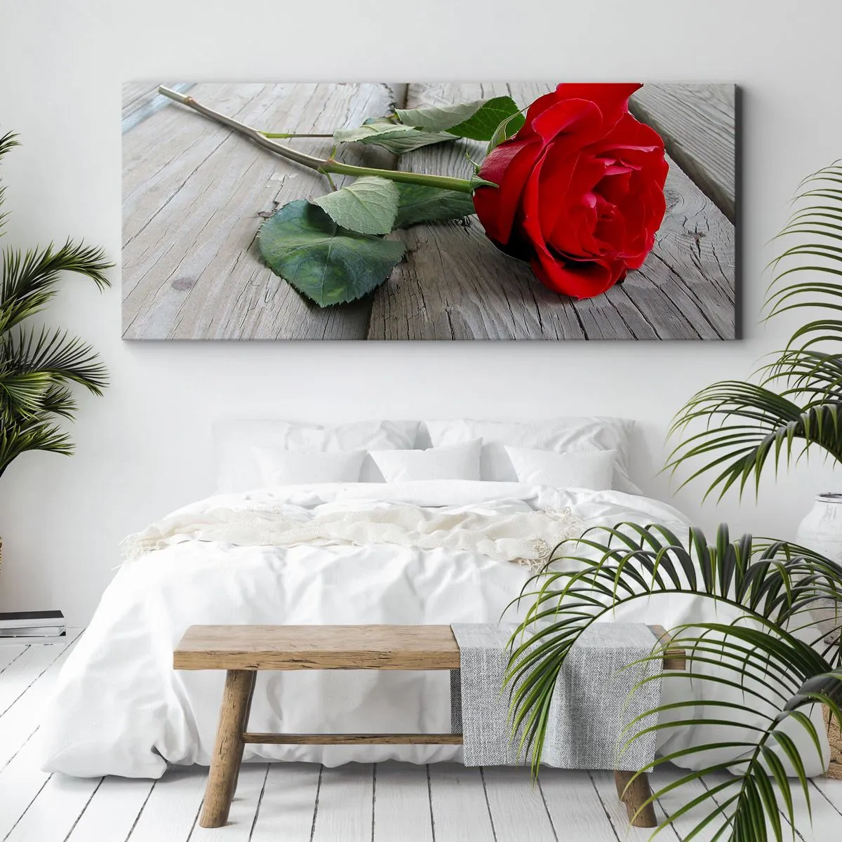Cuadro sobre lienzo - Impresión de Imagen - Rosa roja sobre un fondo de madera - 120x50cm - Estudio en escarlata - Decoración de pared moderna para salón y dormitorio ARTTOR