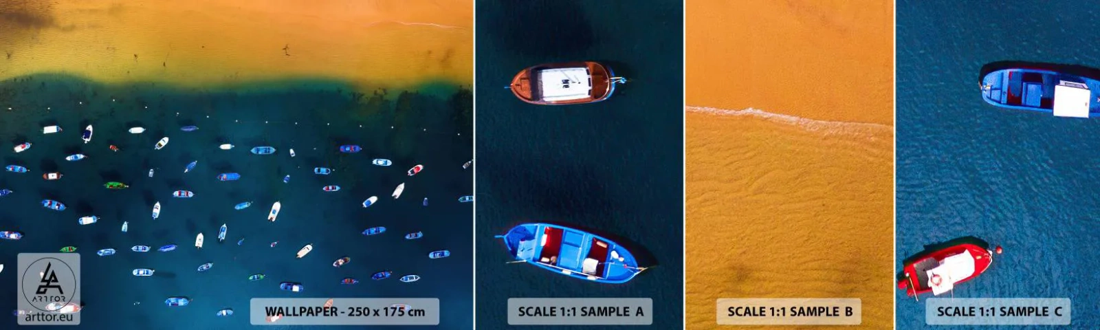 Muestra de fotomural autoadhesivo Deluxe Sticker - Un juego de vacaciones - Barcos, Playa, Costa - 100x30 cm