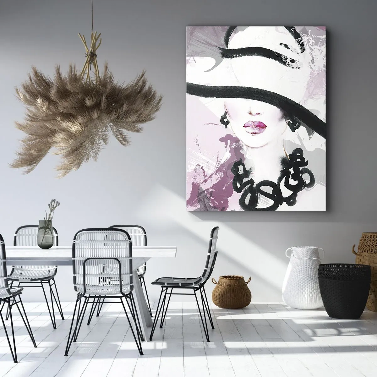 Cuadro sobre lienzo - Impresión de Imagen - Una mujer elegante con sombrero sobre un fondo de abstracciones rosas. - 50x70cm - Retrato de una dama en negro y rosa - Decoración de pared moderna para salón y dormitorio ARTTOR