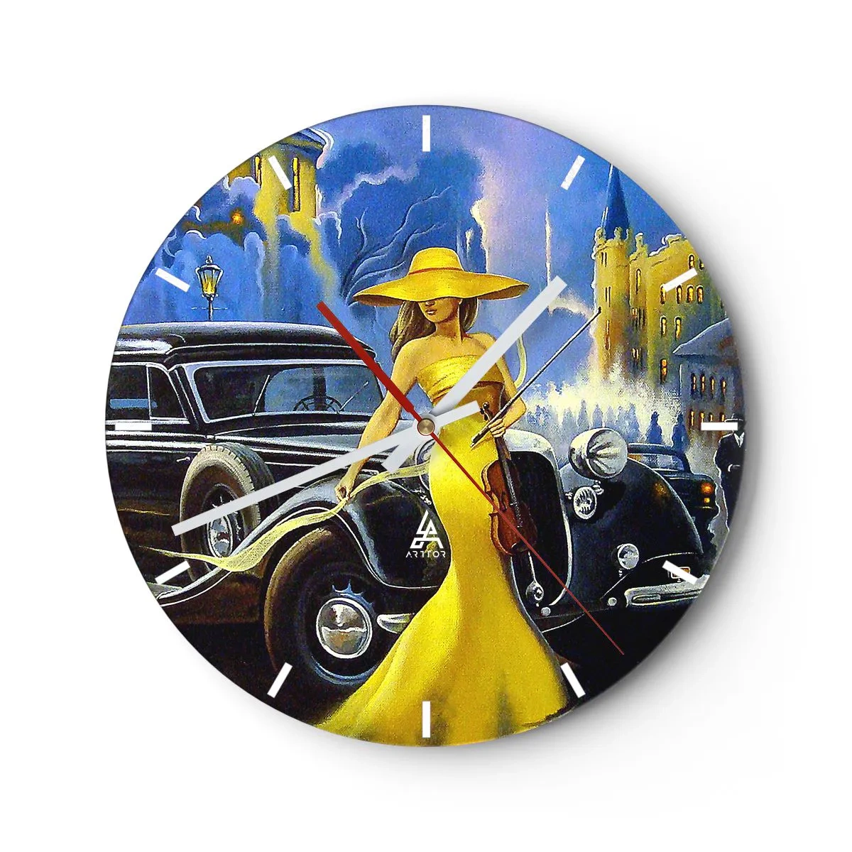 Reloj de pared - Reloj de vidrio - Una mujer con un vestido amarillo con un violín junto a un coche clásico. - 30x30cm - Noche de violín y pasión - Decoración de pared moderna para salón, cocina y dormitorio ARTTOR