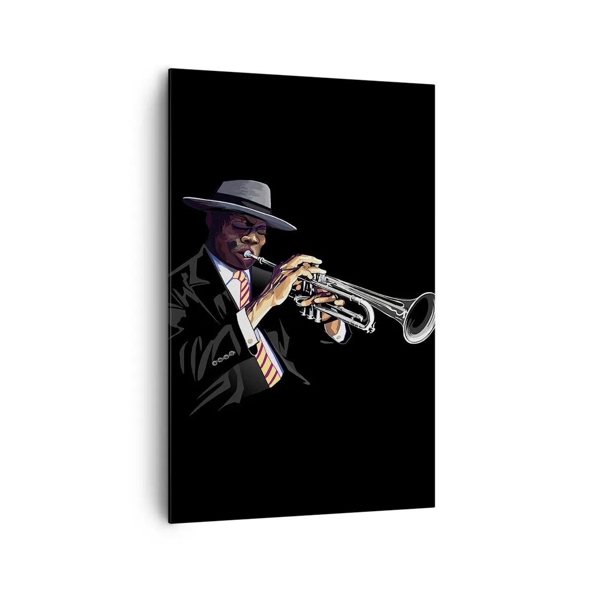Cuadro sobre lienzo - Impresión de Imagen - Un músico tocando la trompeta sobre un fondo negro. - 80x120cm - El encanto de la vieja escuela - Decoración de pared moderna para salón y dormitorio ARTTOR