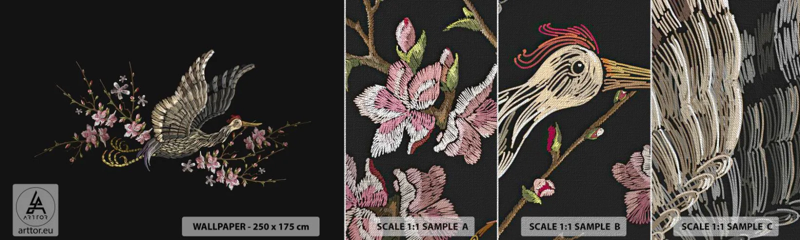 Muestra de fotomural Premium Canvas - Ave florida - Pájaro, Gráficos, flores - 100x30 cm