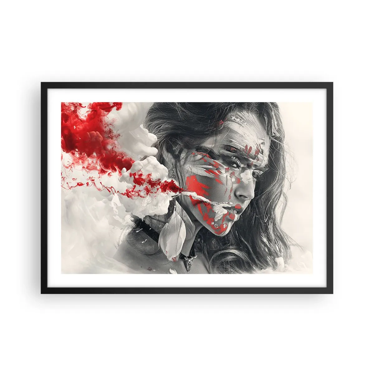 Póster en marco negro - Retrato artístico de una mujer con acentos rojos abstractos. - 70x50cm - En los humos del absurdo - Decoración de pared moderna para salón y dormitorio ARTTOR