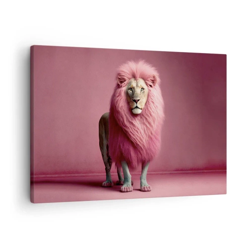 Cuadro sobre lienzo - Impresión de Imagen - Un león artísticamente representado con una melena rosa sobre un fondo rosa. - 70x50cm - Y ya no me tienes miedo - Decoración de pared moderna para salón y dormitorio ARTTOR
