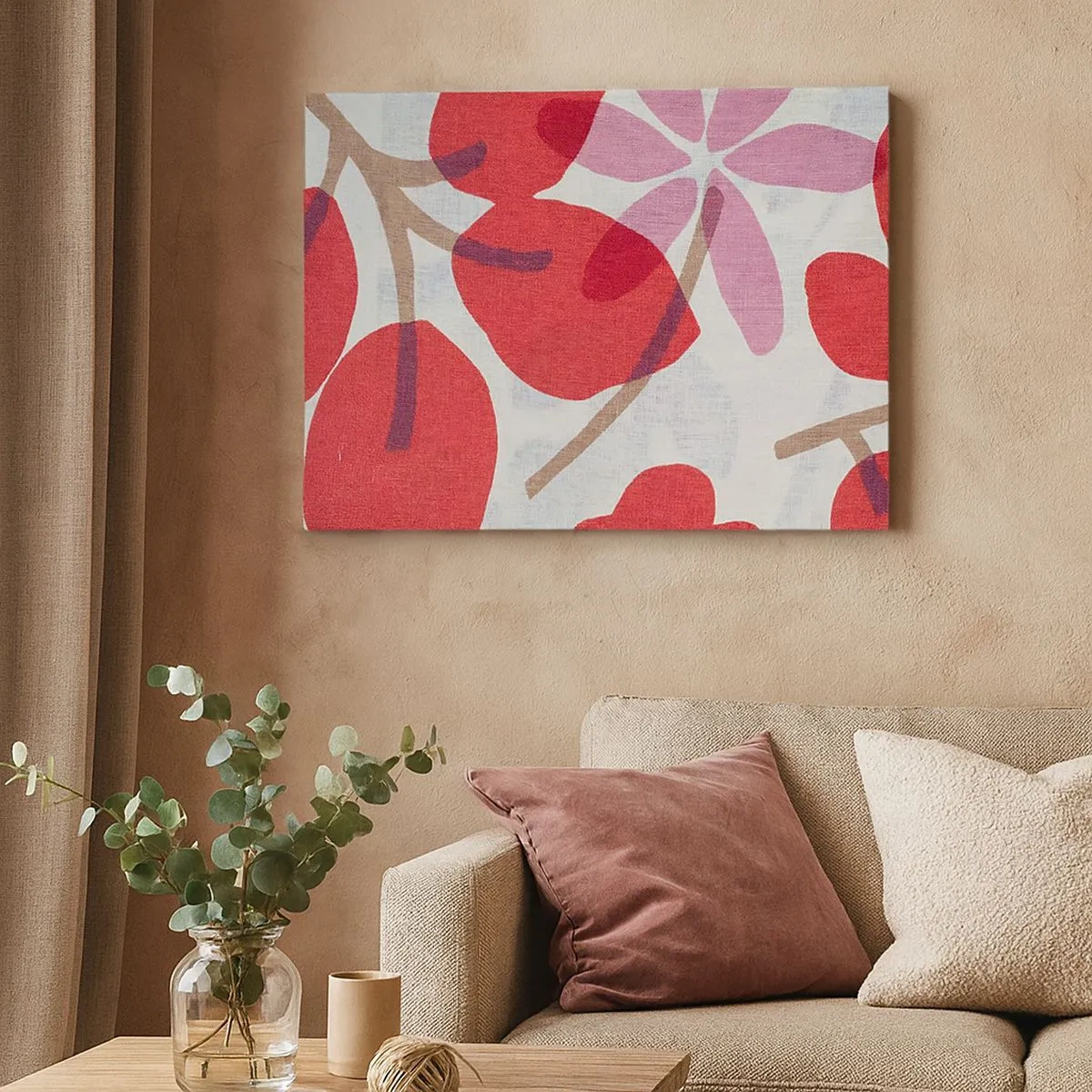 Cuadro sobre lienzo - Impresión de Imagen - Flores y hojas en tonos rojos y rosas. - 70x50cm - Composición floral en rosa - Decoración de pared moderna para salón y dormitorio ARTTOR